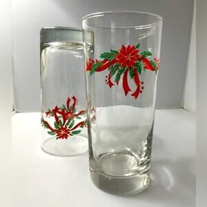 Christmas Glass Set of 2 Poinsettia‎ Kitschy 4 oz Tumbler by Libbey